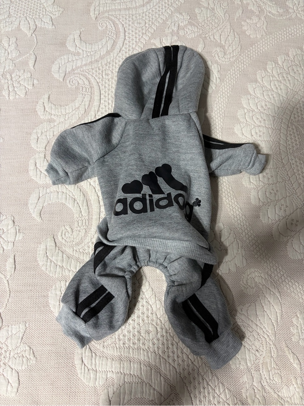 Like new "Adidog" play on Adidas Grey Hooded One-Piece Jumpsuit for dogs Small